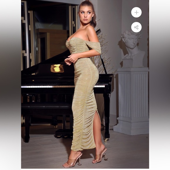 Miss Circle Gene Gold ruched off the shoulder chiffon maxi dress - Picture 1 of 6